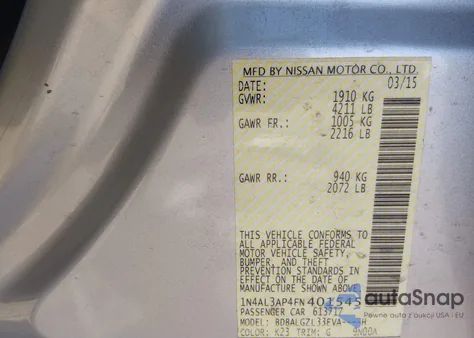 2015 Nissan Altima 2.5 S z USA, uszkodzony, nr VIN 1N4AL3AP4FN401545